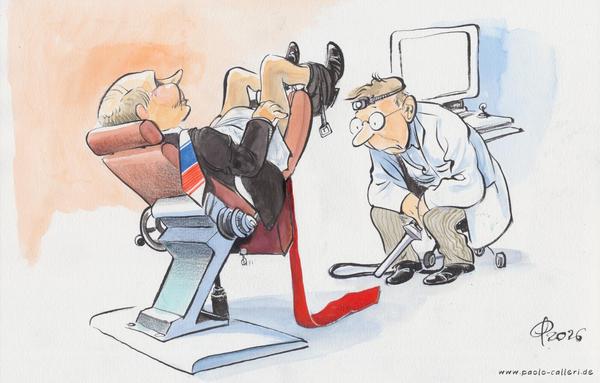 Karikatur "Mister... President?" aus dem Jahr 2026. Putin sitzt auf einem nach hinten gekippten Untersuchungsstuhl beim Proktologen. Der Arzt blickt konsterniert auf das Hinterteil des russichen Präsidenten, aus dem eine lange rote Krawatte bis auf den Boden herabhängt.