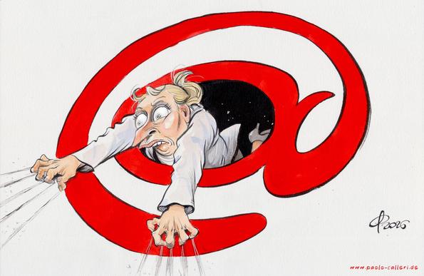 Karikatur "AfD-Leaks" aus dem Jahr 2026. Alice Weidel wird in ein schwarzes Loch im Boden gezogen. Sie versucht sich mit ihren Händen festzukrallen. Das Loch im Boden ist Bestandteil eines großen, roten E-Mail Zeichens auf dem Boden.