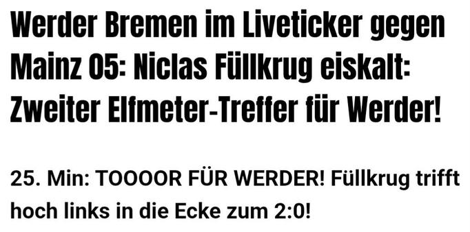 Screenshot zum 0:2 aus dem Live-Ticker zum Werder-Spiel in Mainz