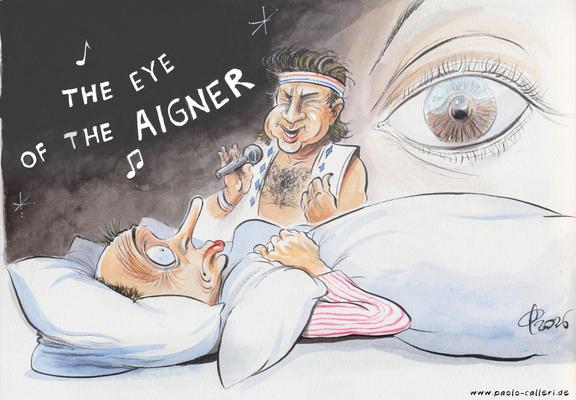 Karikatur "Schlaflose Nächte" aus dem Jahr 2026. Friedrich Merz liegt mit weit aufgerissenen Augen im Bett und starrt dabei ins Leere. Im Hintergrund, quasi vor seinem inneren Auge, singt Markus Söder ein Lied. Der geschwungene Textauszug neben Söder lautet: Ehe eye of the Aigner. Im rechten oberen Bildteil prangt ein riesiges Auge.